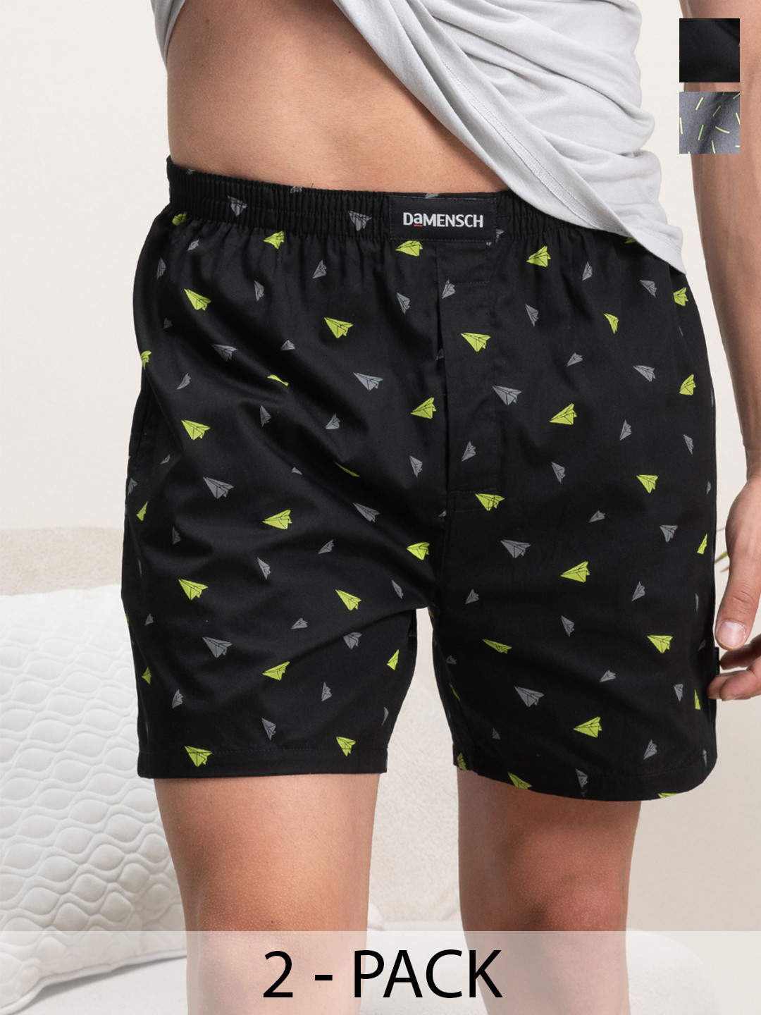 

DAMENSCH Men Pack of 2 Printed Ultra-Light Cotton Regular Fit Boxer Shorts, Black