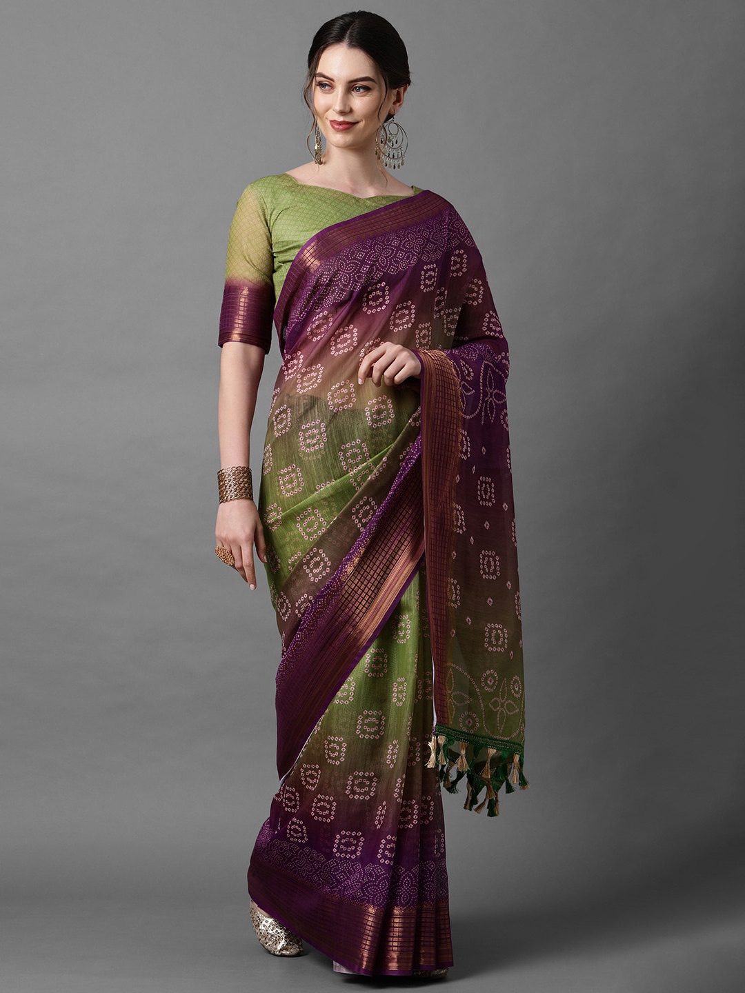 

Mitera Purple & Green Bandhani Zari Linen Blend Bandhani Saree