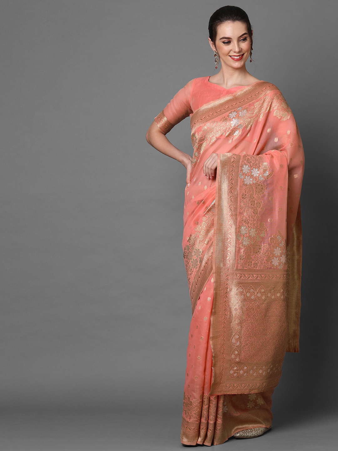 

Mitera Peach-Coloured & Gold-Toned Floral Zari Banarasi Saree