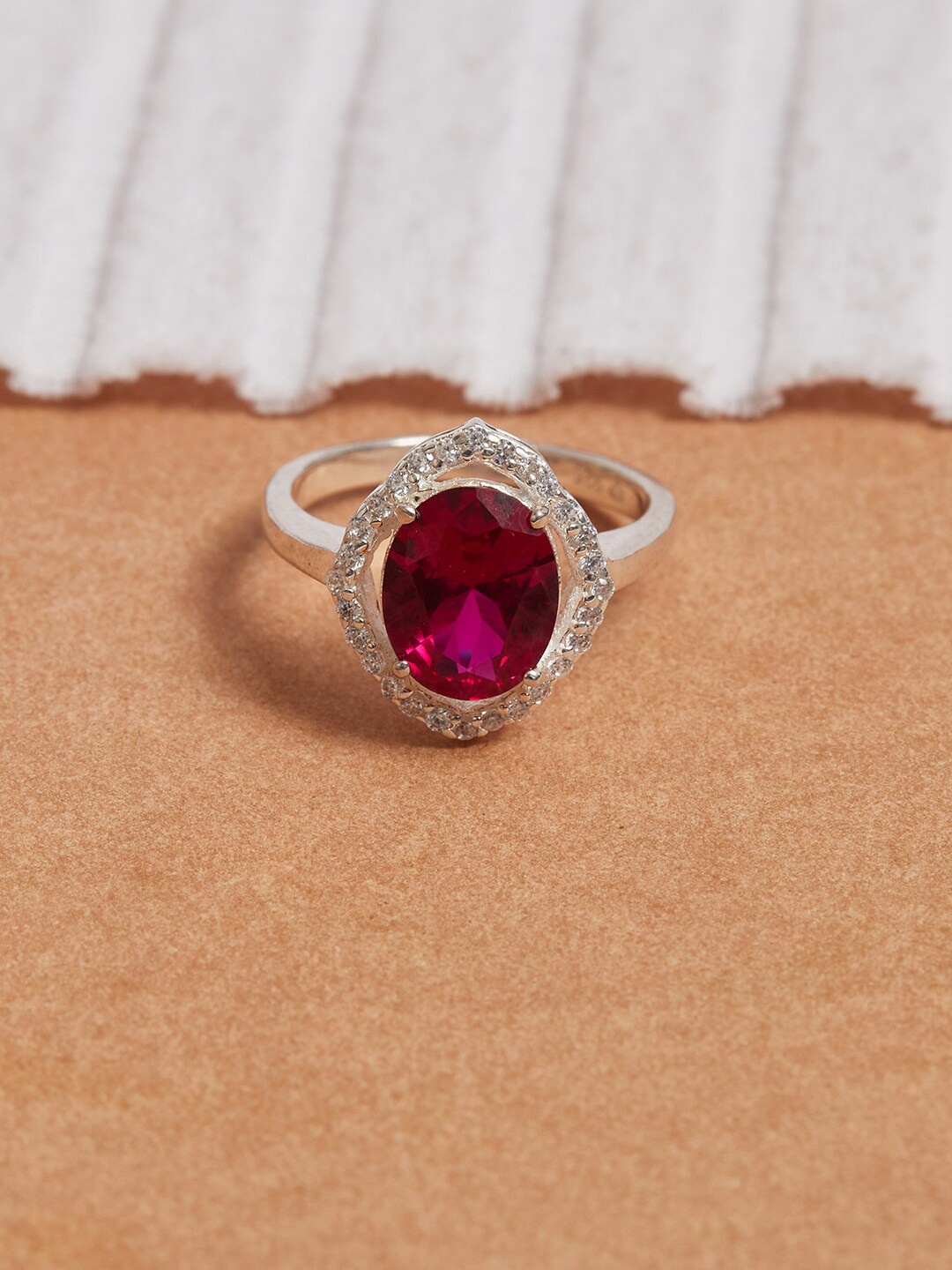 

Studio Voylla Silver-Plated & Silver-Toned Pink CZ-Studded 925 Sterling Silver Finger Ring