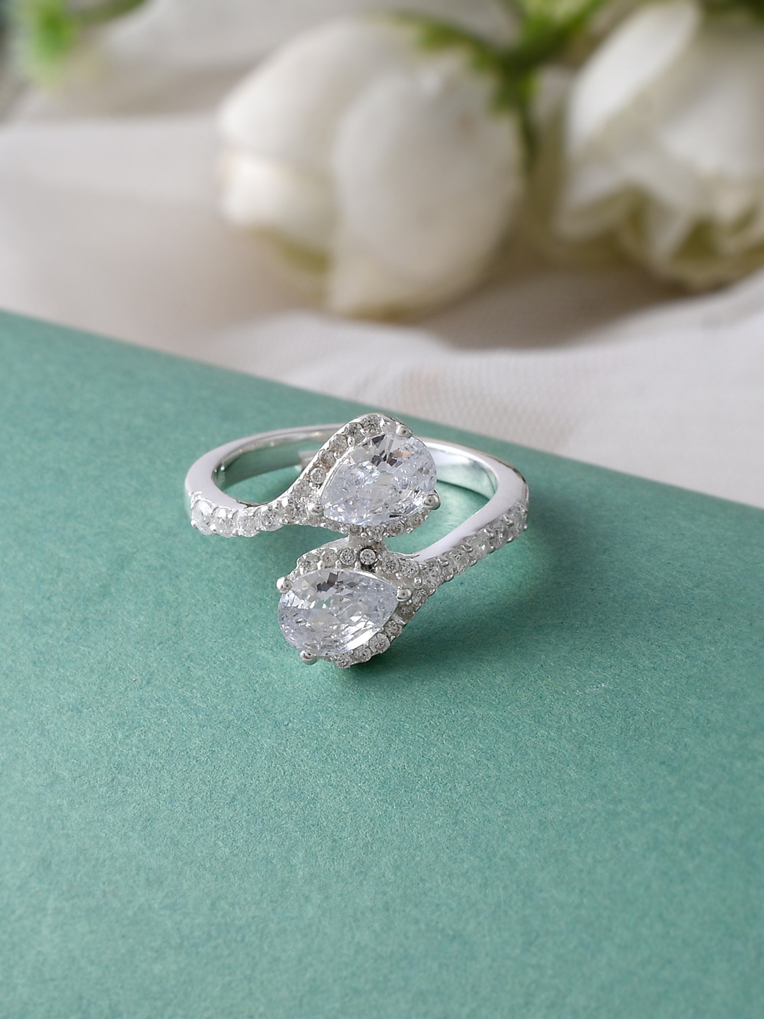 

Studio Voylla 92.5 Sterling Silver-Plated White CZ-Studded Adjustable Finger Ring