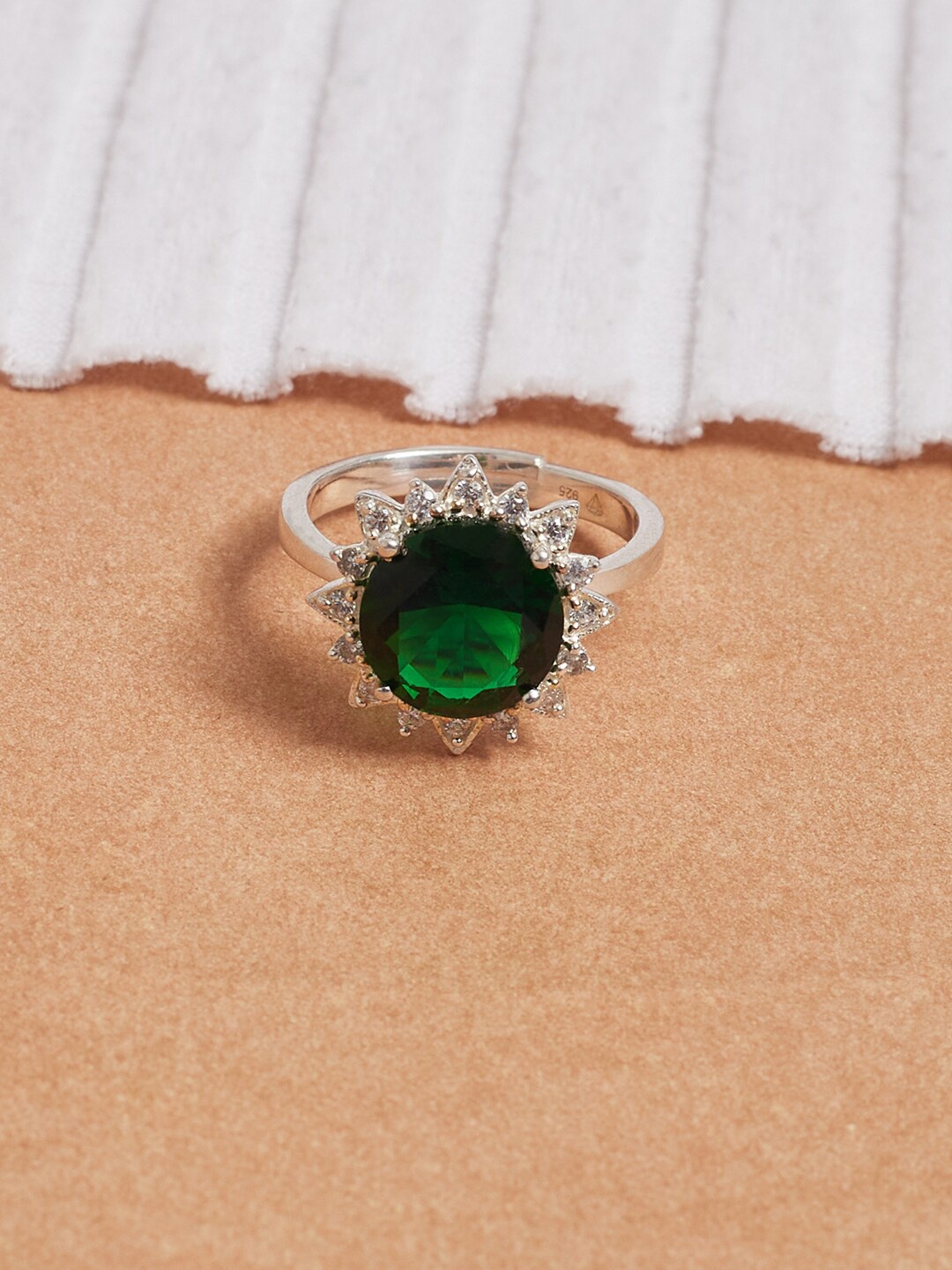 

Studio Voylla 925 Sterling Silver Green CZ-Studded Adjustable Finger Ring