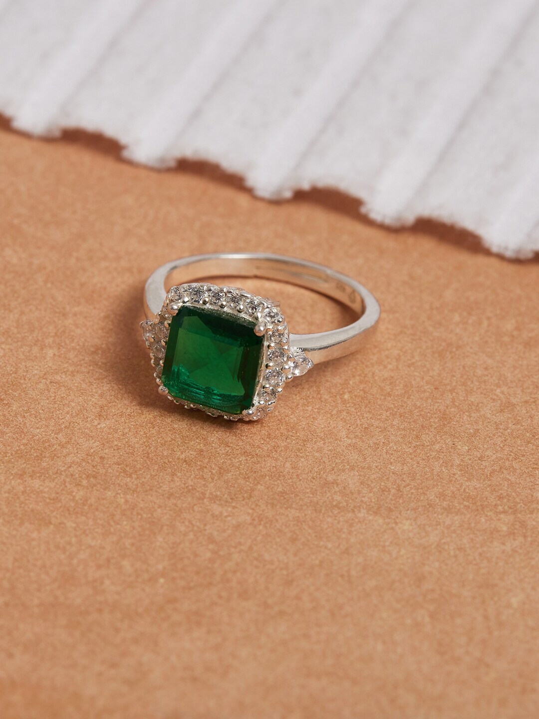 

Studio Voylla Sterling Silver Silver-Plated Green CZ-Studded Finger Ring