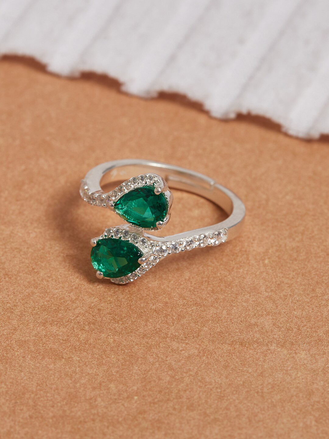 

Studio Voylla Emerald Green White CZ Studded 925 Sterling Silver Adjustable Finger Ring