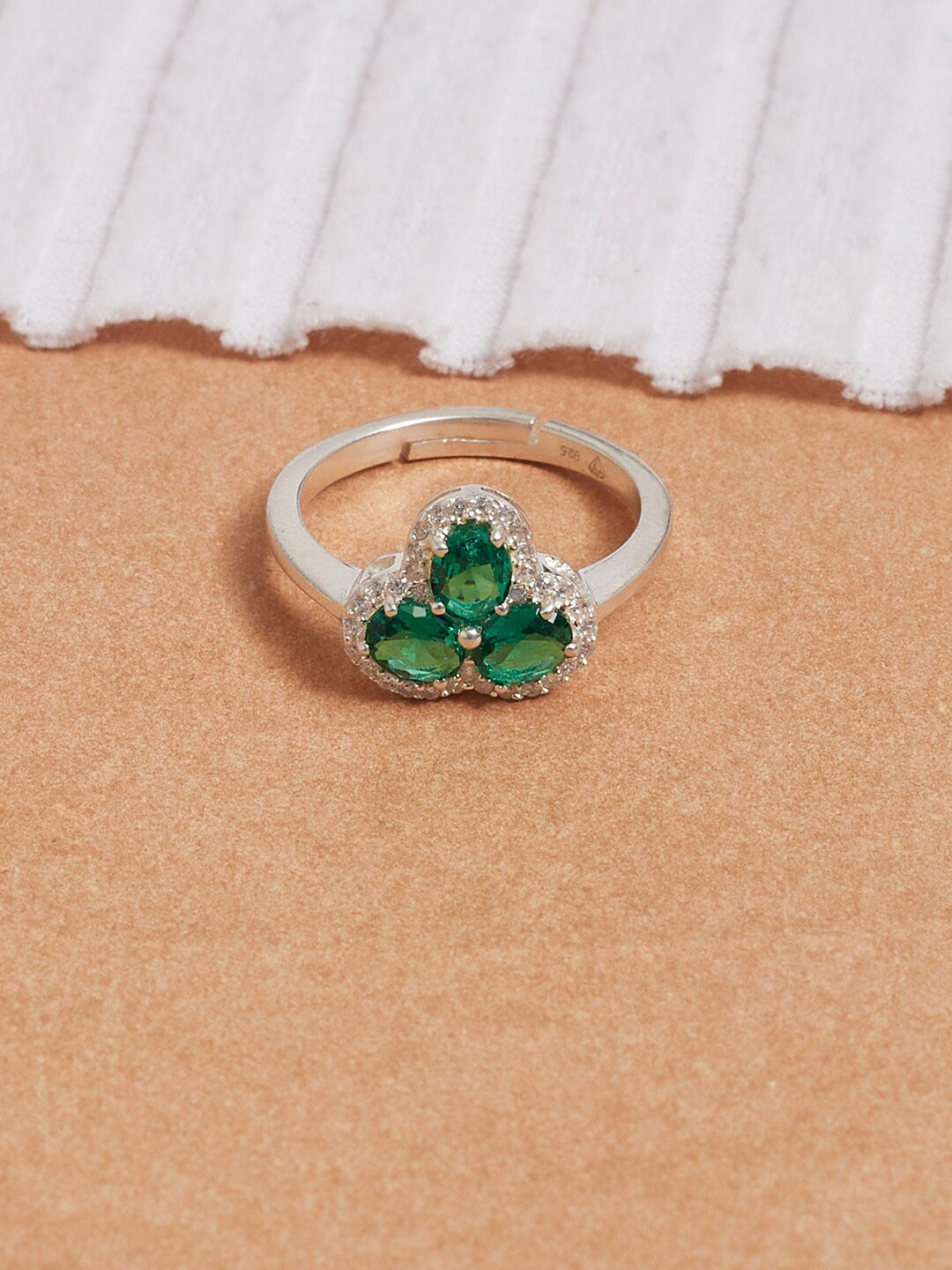 

Studio Voylla 925 Sterling Silver Green CZ Stone-Studded Adjustable Finger Ring