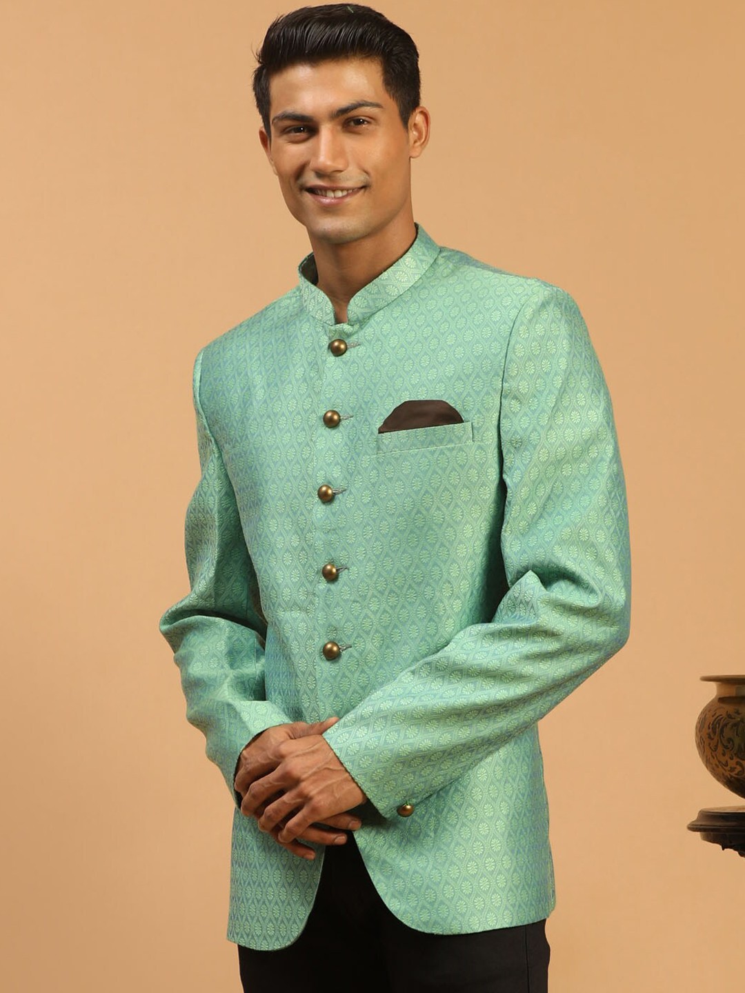 

VASTRAMAY Men Green Woven-Design Single-Breasted Bandhgala Blazer
