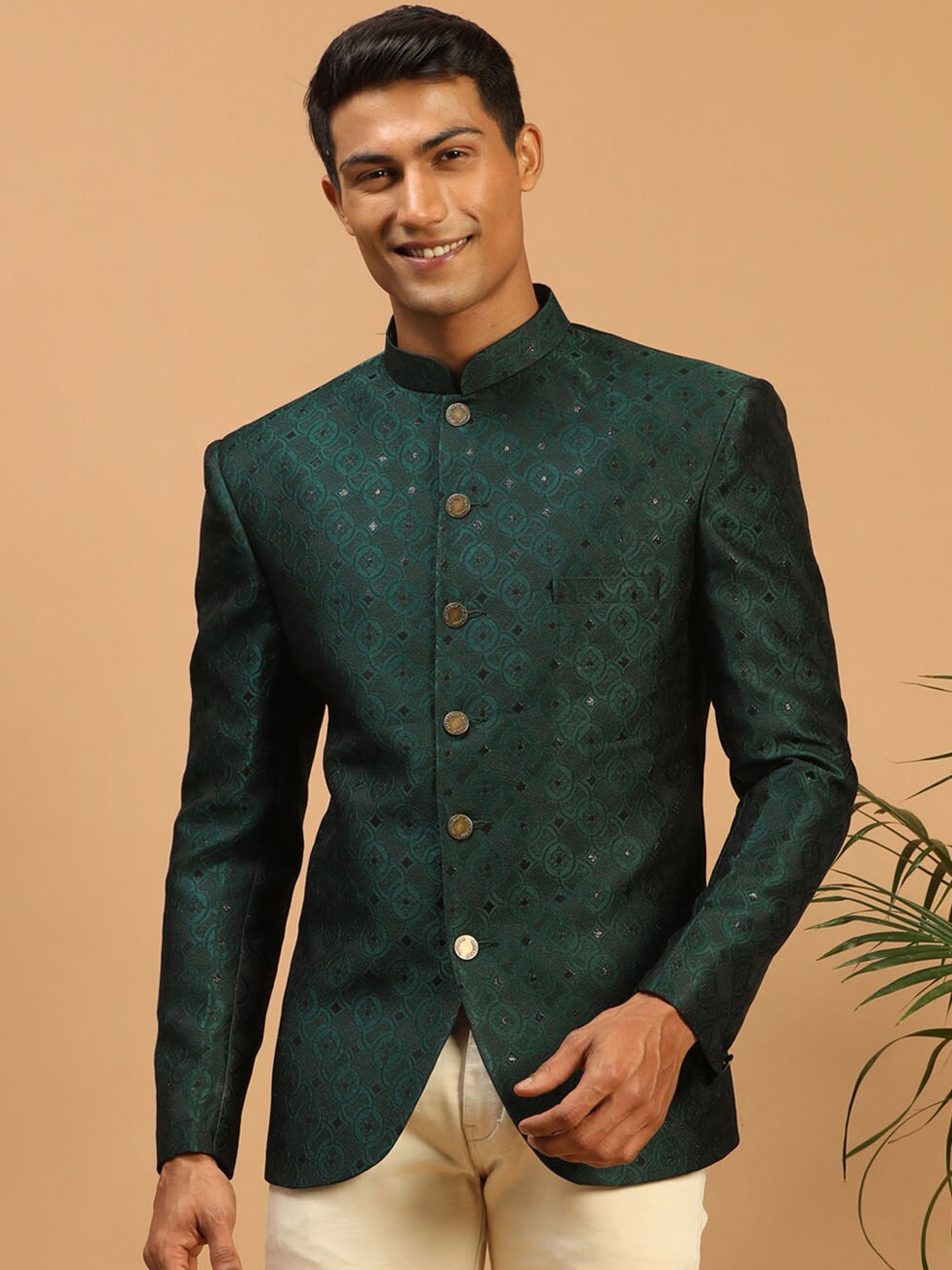 

VASTRAMAY Men Green Self Design Bandhgala Ethnic Blazer
