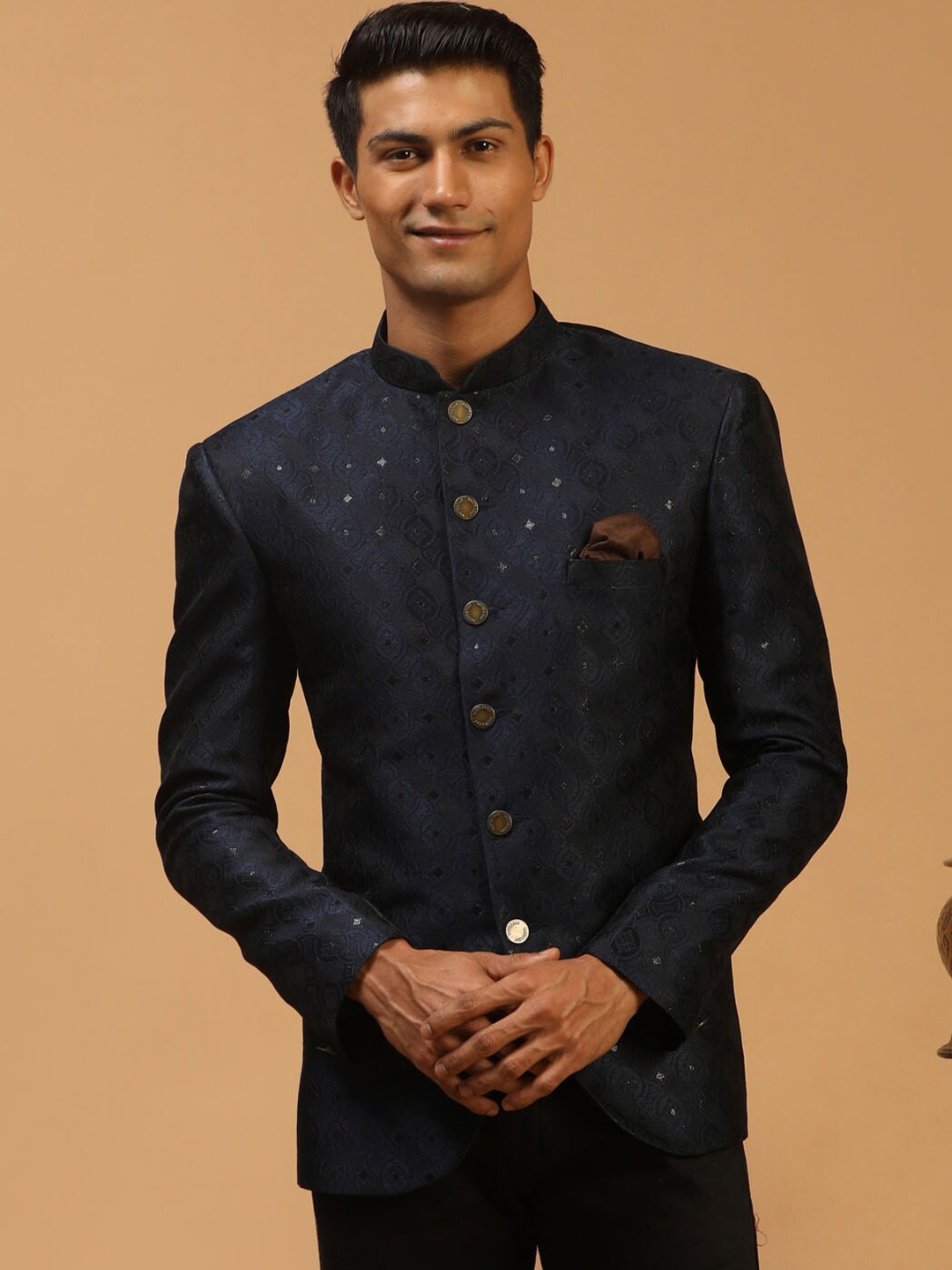 

VASTRAMAY Men Navy Blue Self-Design Bandhagala Ethnic Blazer