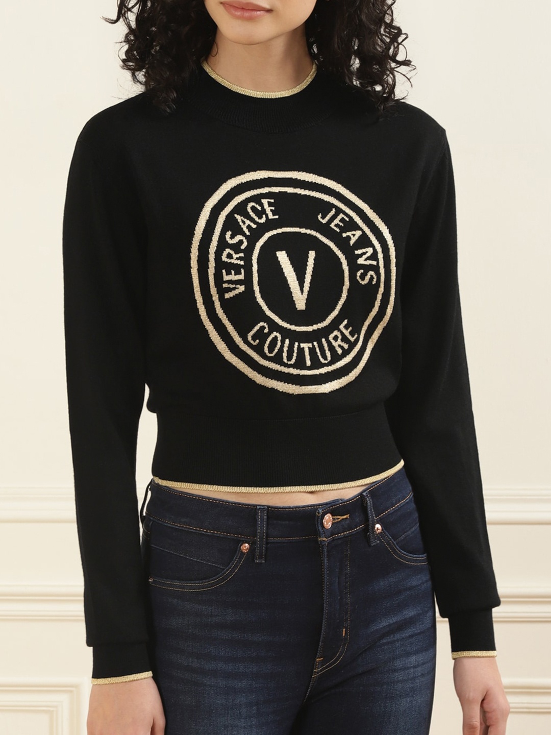 Versace Jeans Couture Women Black & Beige Typography Printed Crop Wool Pullover