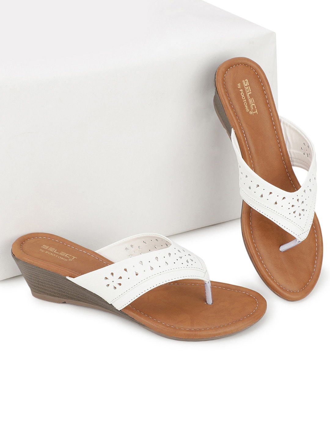 

FOOTONS White Laser Cut Embellished Leather Comfort Heels
