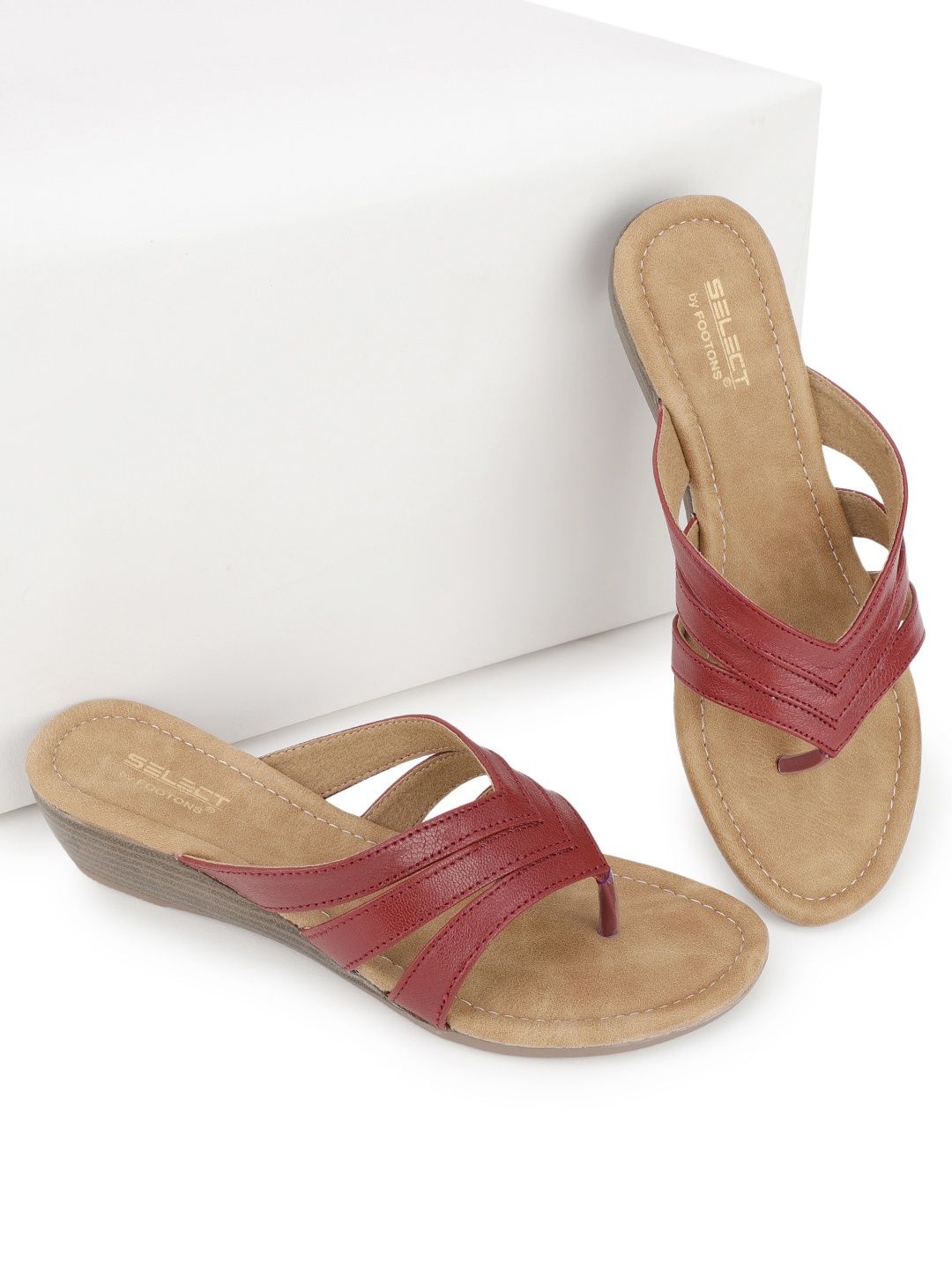 

FOOTONS Red & Beige Textured Leather Comfort Heels