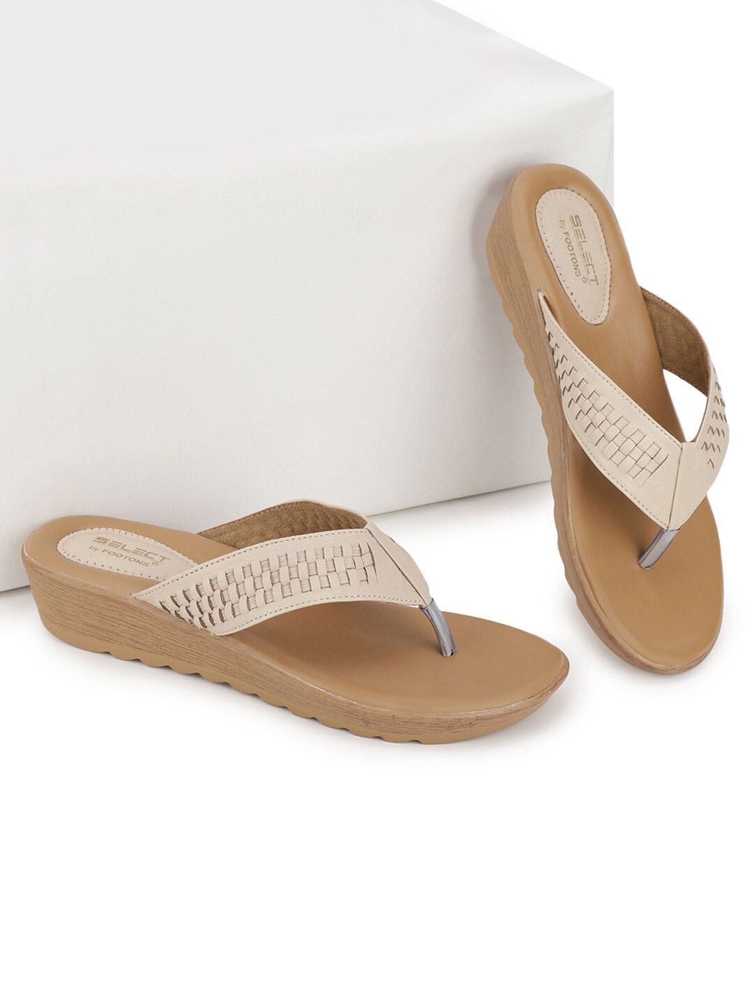 

FOOTONS Cream-Coloured & Beige Textured Leather Comfort Heels