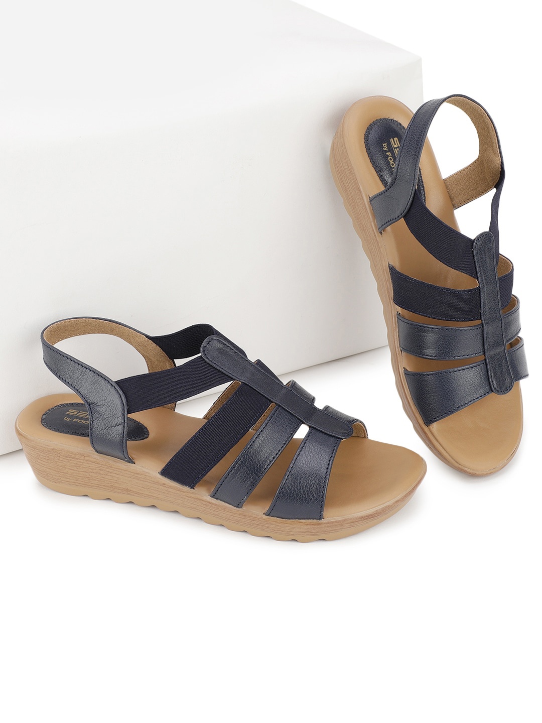 

FOOTONS Navy Blue & Beige Textured Leather Comfort Heels