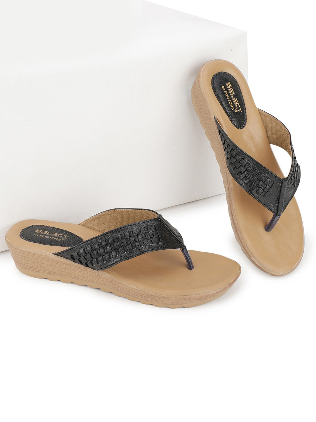 

FOOTONS Black & Beige Leather Comfort Heels