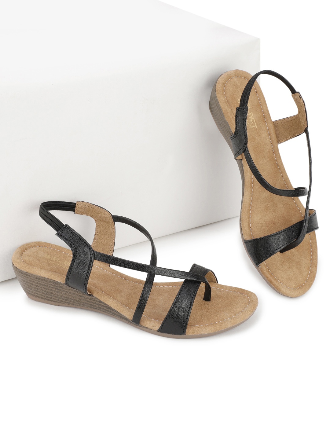 

FOOTONS Black & Beige Textured Leather Comfort Heels