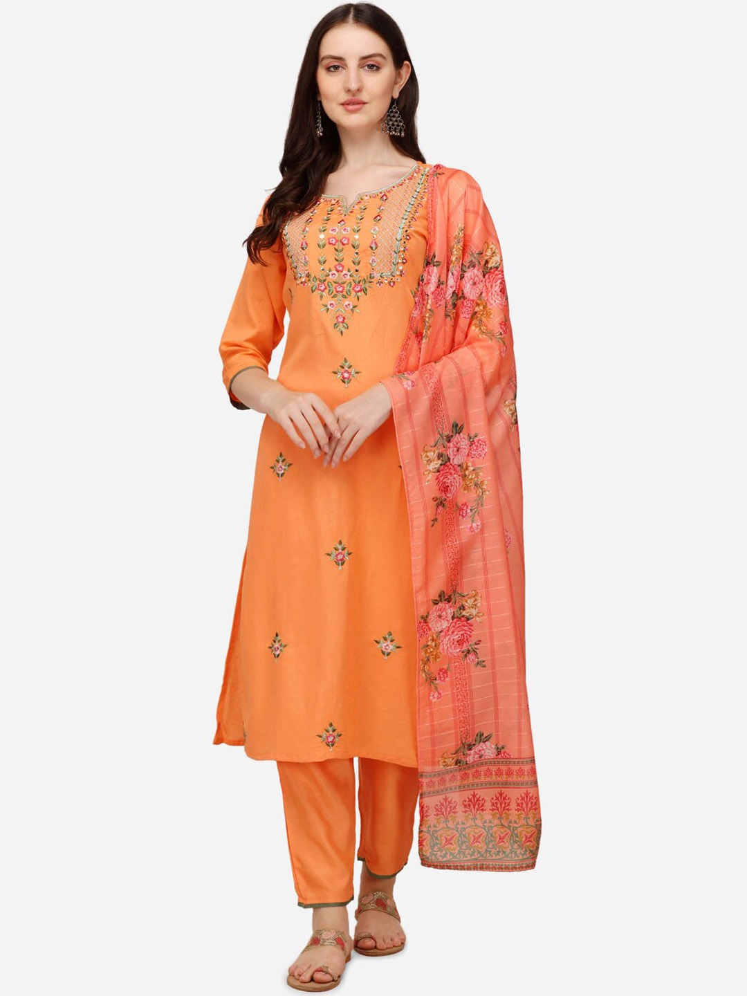 

Berrylicious Women Orange Floral Embroidered Mirror Work Kurta with Trousers & Dupatta