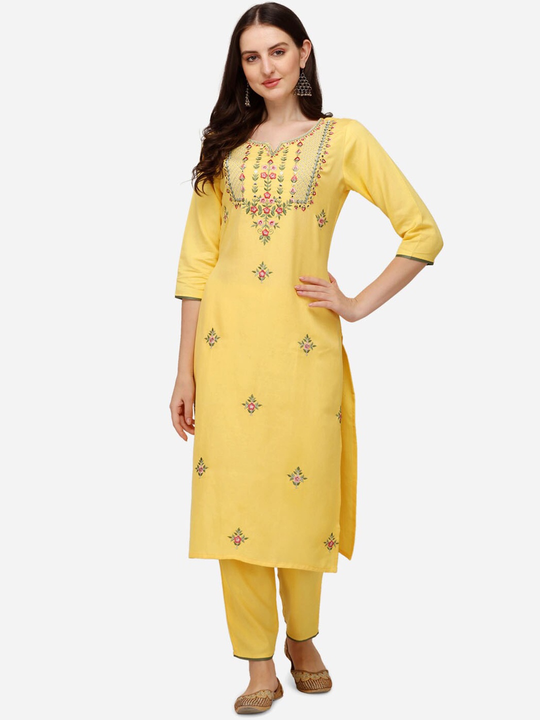 

Berrylicious Women Yellow Floral Embroidered Mirror Work Kurta with Trousers & Dupatta