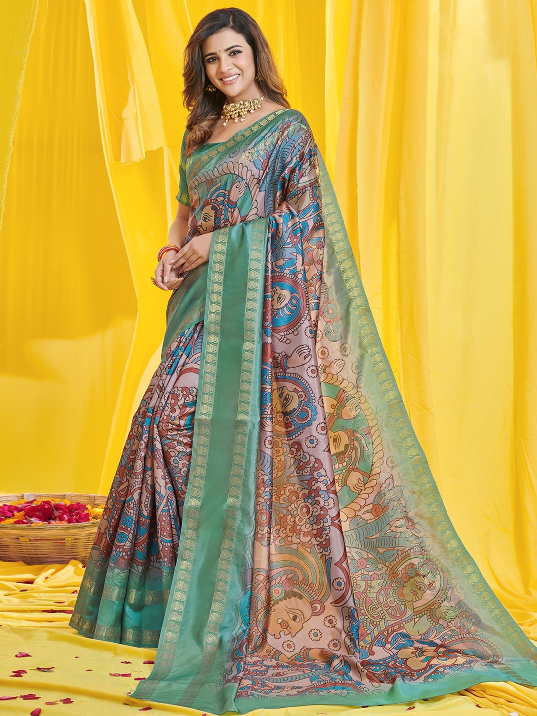 

Mitera Green & Gold-Toned Kalamkari Zari Art Silk Kasavu Saree