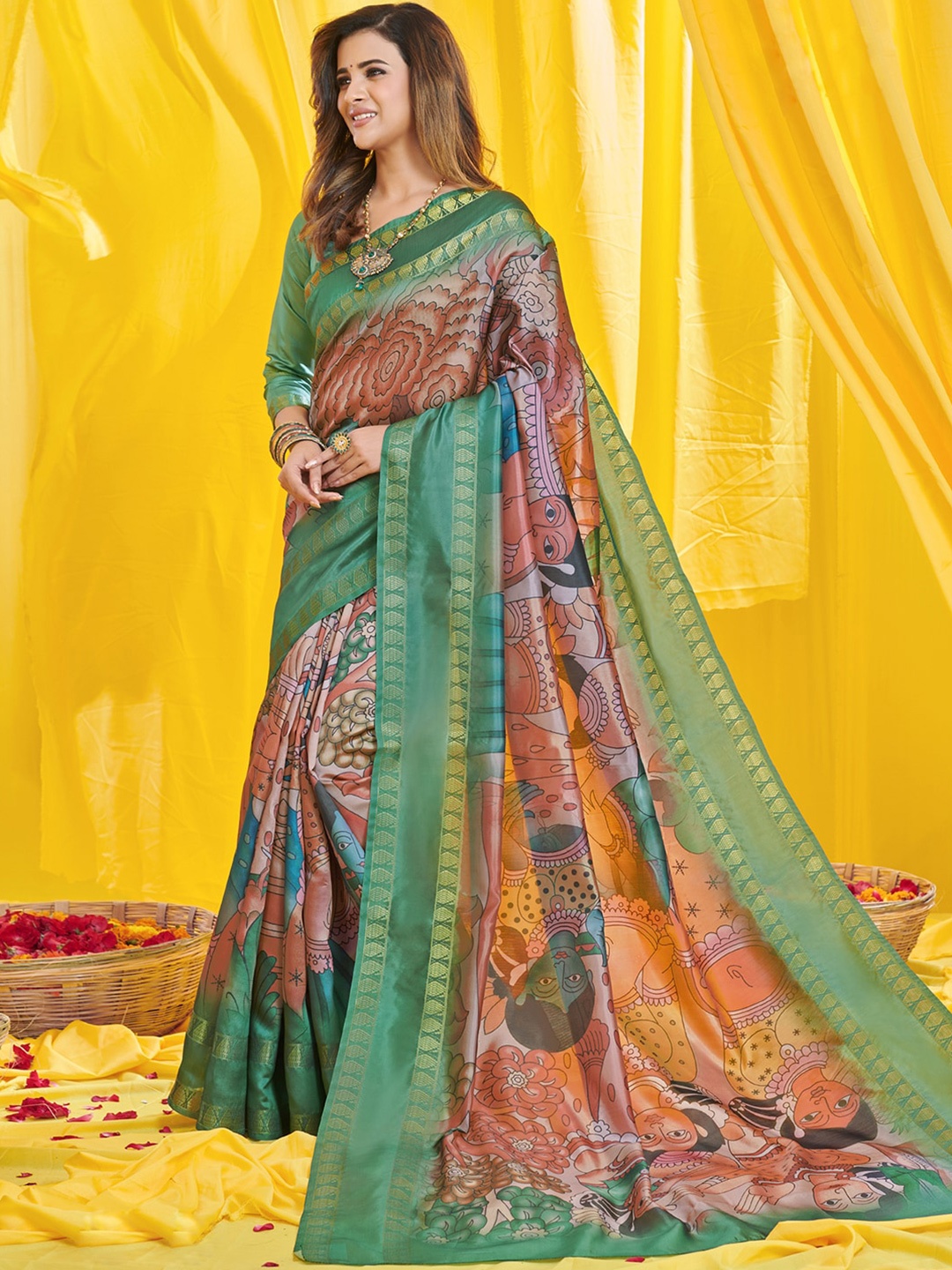 

Mitera Green & Gold-Toned Kalamkari Zari Art Silk Kasavu Saree