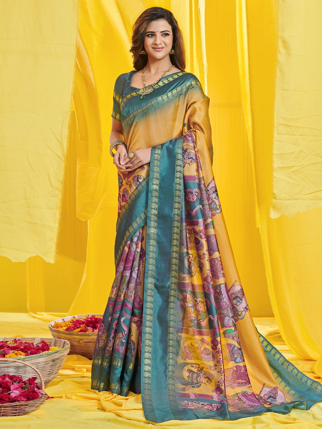 

Mitera Mustard & Blue Ethnic Motifs Zari Art Silk Kasavu Saree