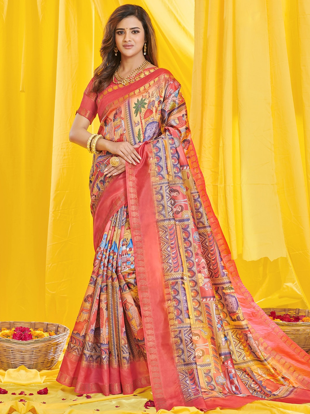 

Mitera Pink & Gold-Toned Ethnic Motifs Zari Art Silk Kasavu Saree