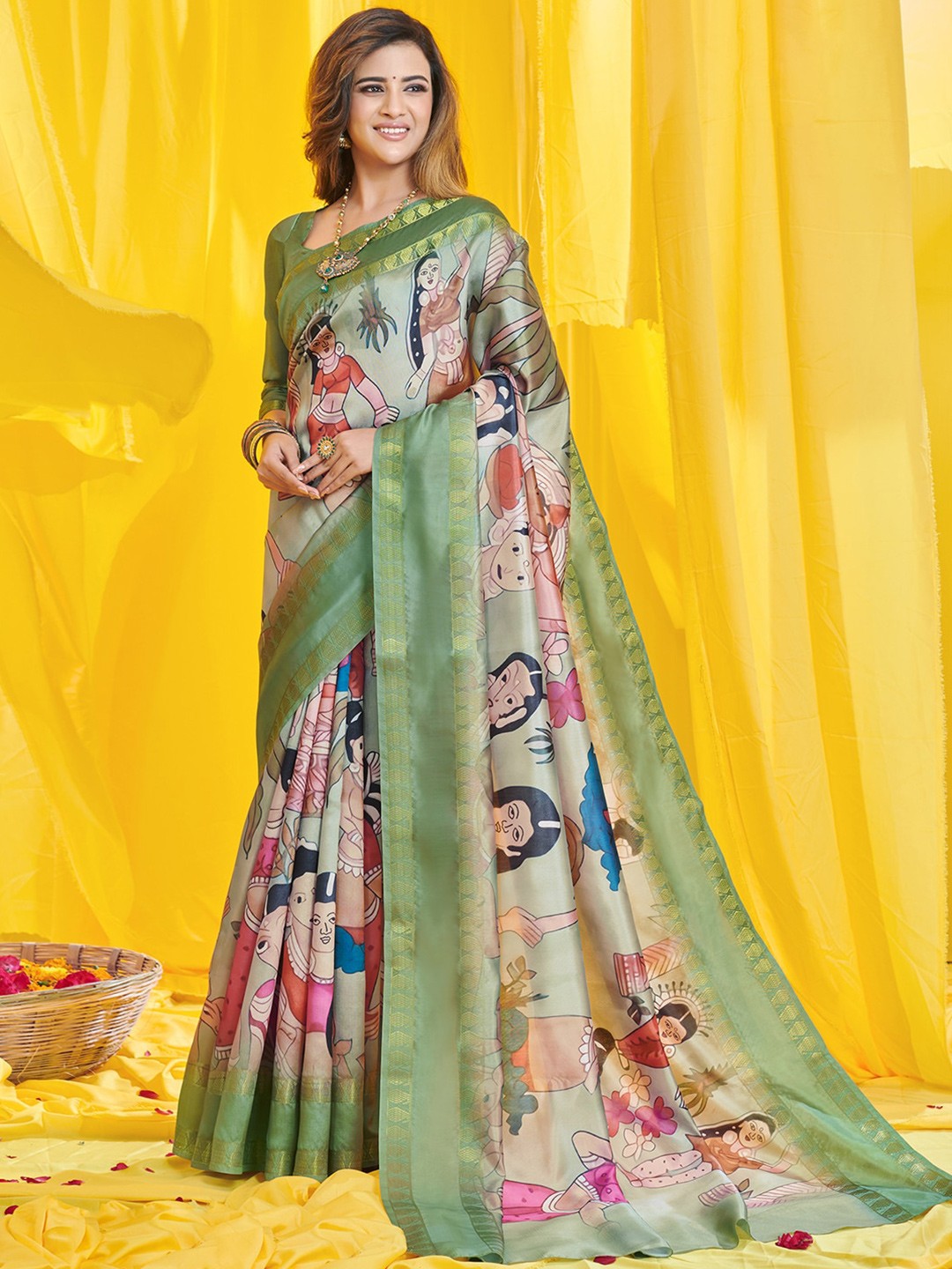 

Mitera Green & Pink Kalamkari Zari Art Silk Kasavu Saree