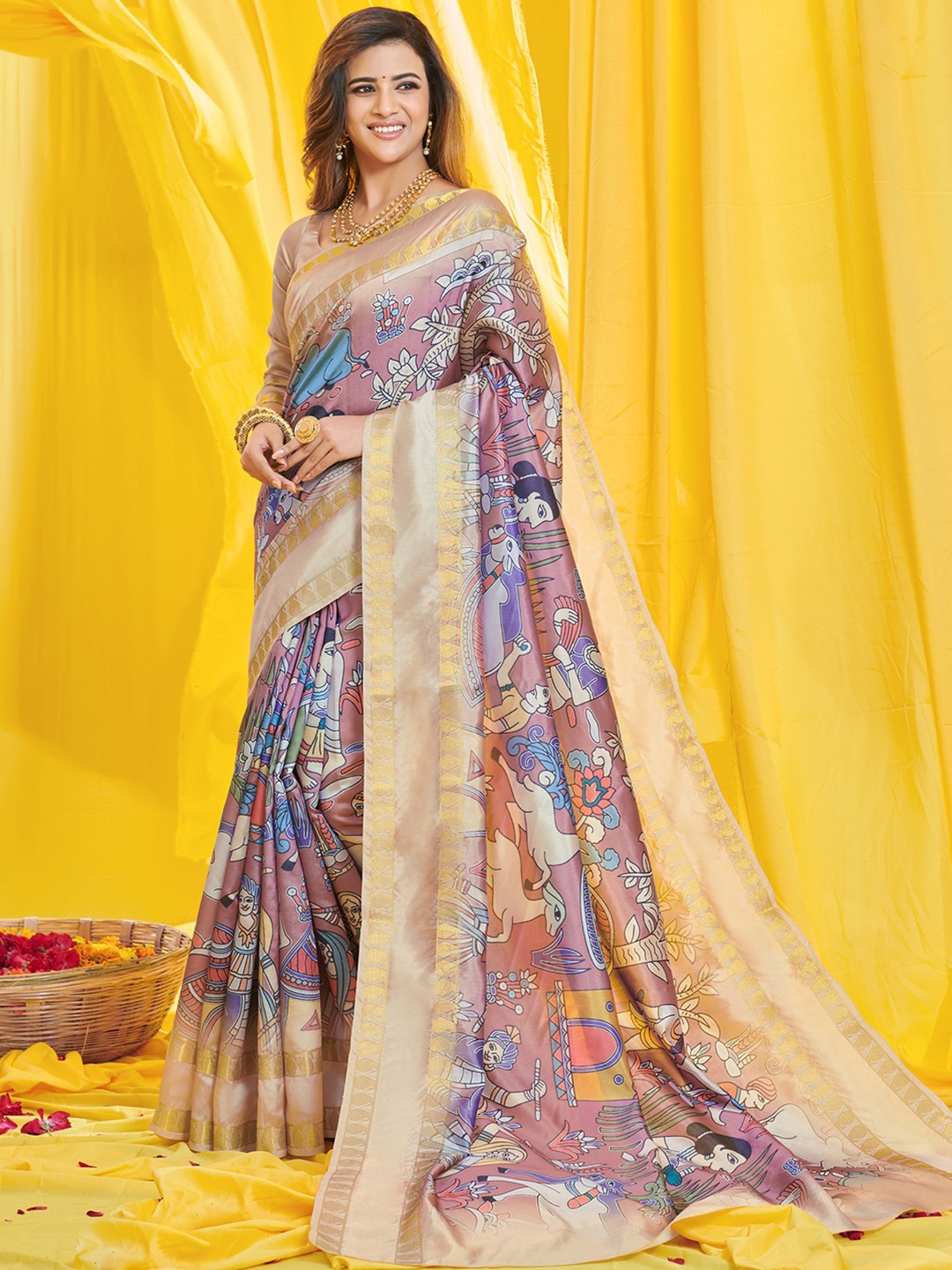

Mitera Brown & Gold-Toned Kalamkari Zari Art Silk Kasavu Saree