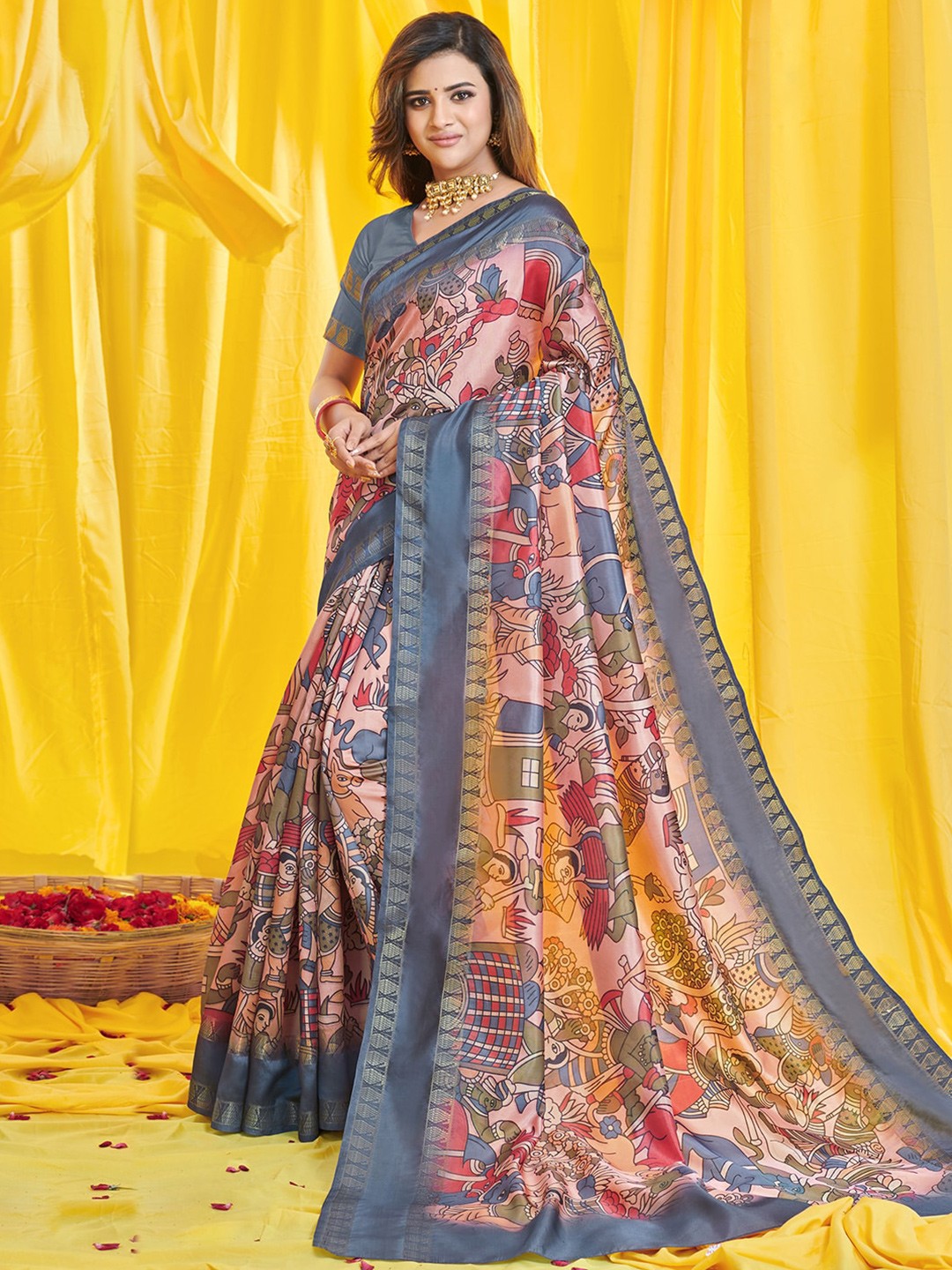 

Mitera Pink & Blue Kalamkari Zari Art Silk Kasavu Saree