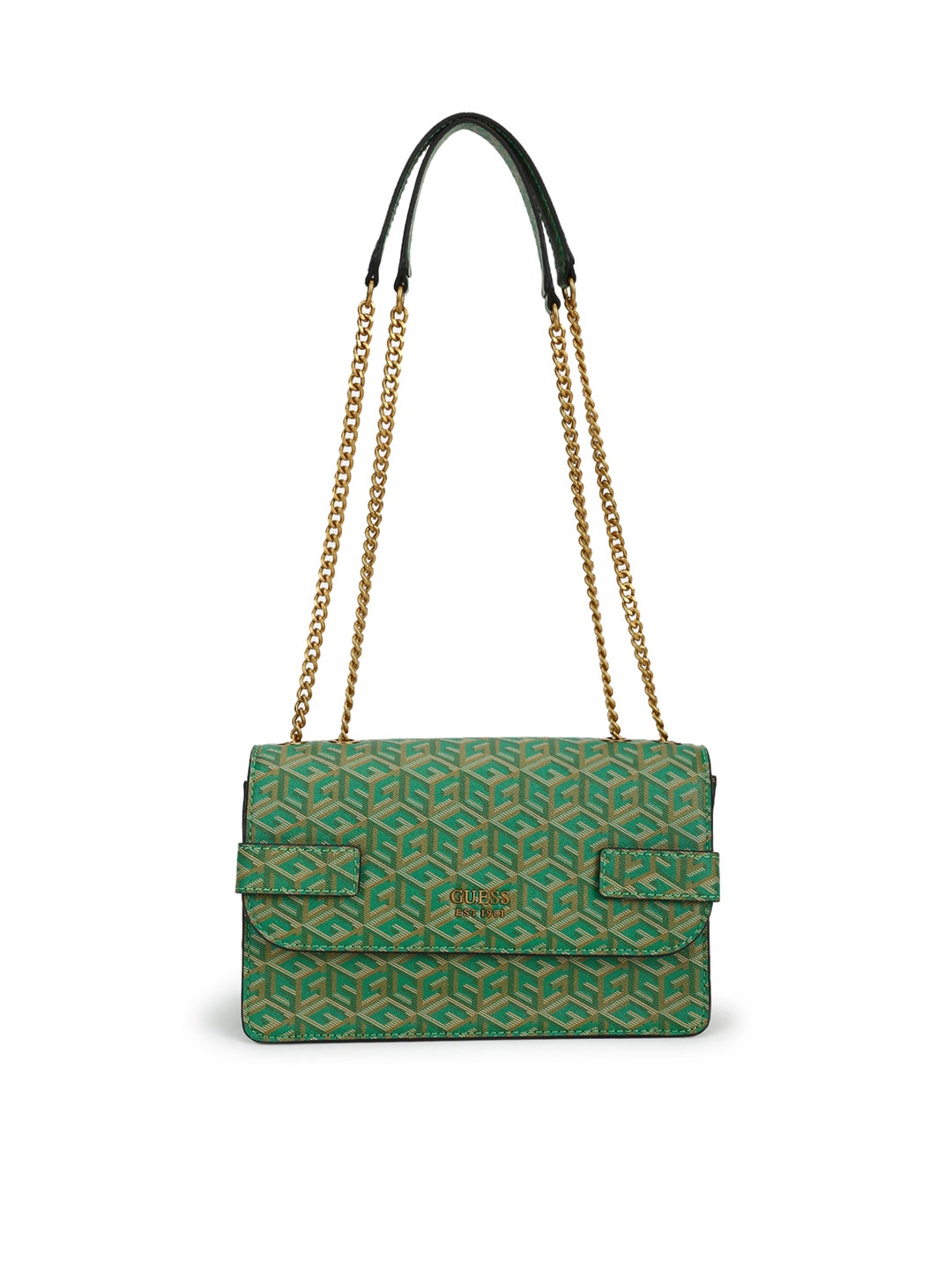 

GUESS Green Geometric Printed PU Structured Shoulder Bag
