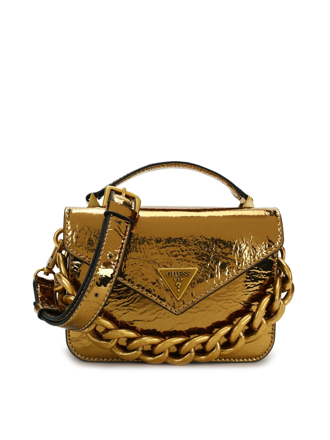 

GUESS Bronze-Toned PU Structured Satchel Bag