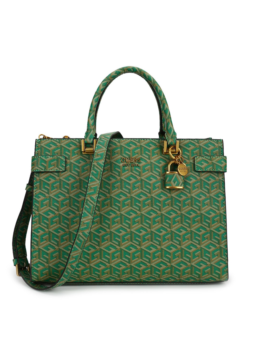 

GUESS Green Geometric Printed PU Shopper Handheld Bag