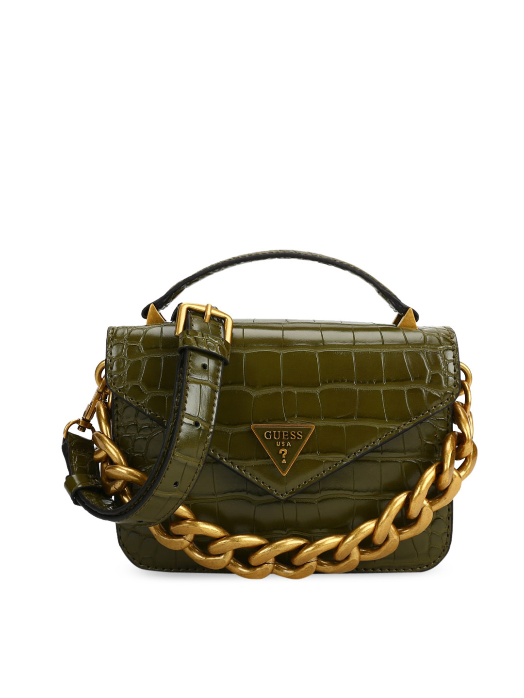 

GUESS Green Animal Textured PU Structured Handheld Bag