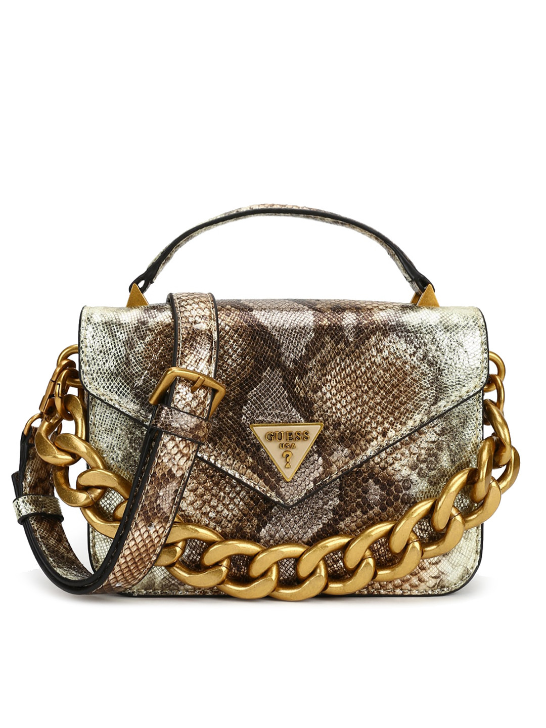 

GUESS Gold-Toned Animal Printed PU Structured Satchel Bag