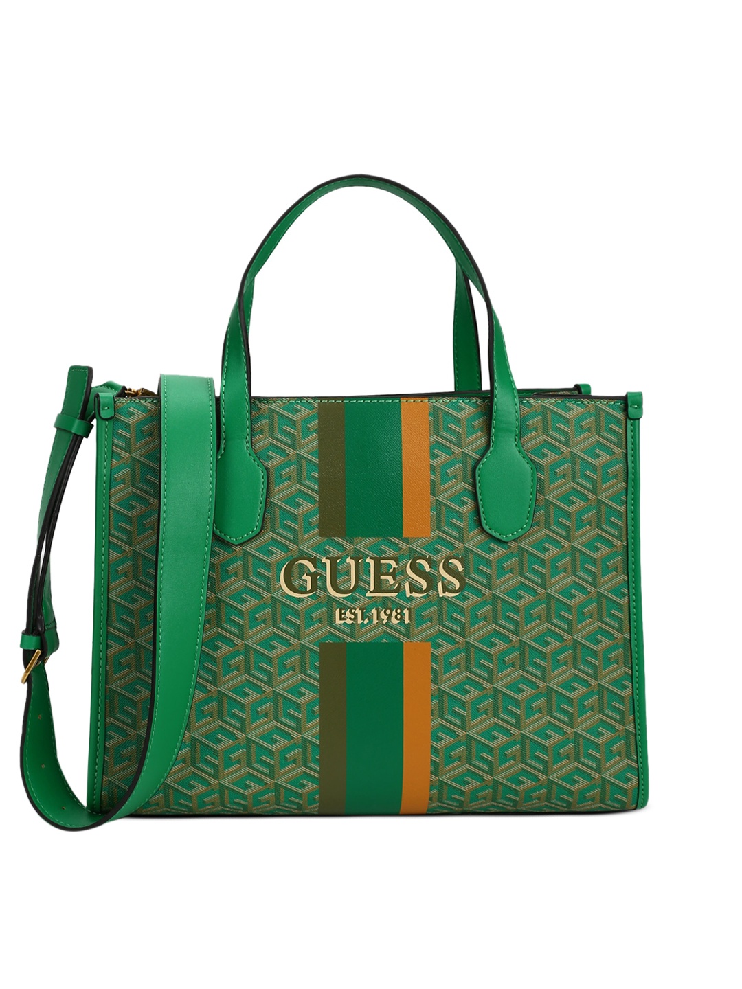 

GUESS Green Printed Structured Handheld Bag