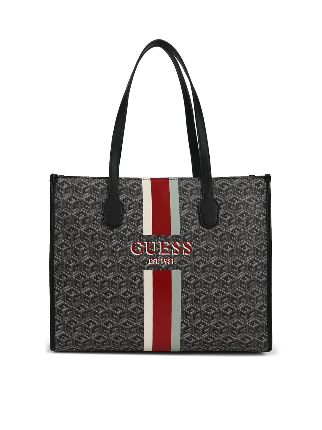 

GUESS Black Printed Structured Tote Bag
