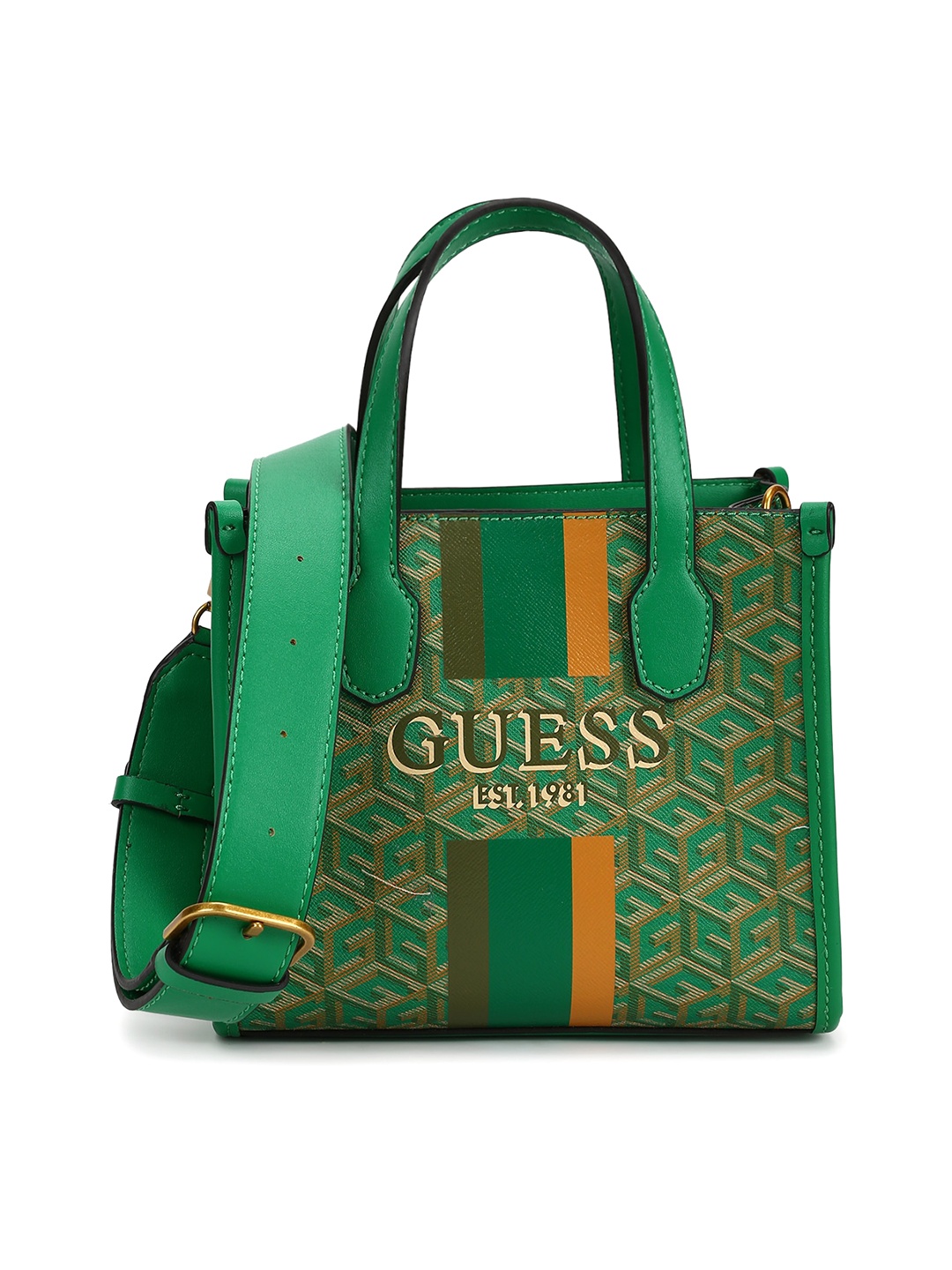 

GUESS Green Geometric Printed PU Structured Handheld Bag