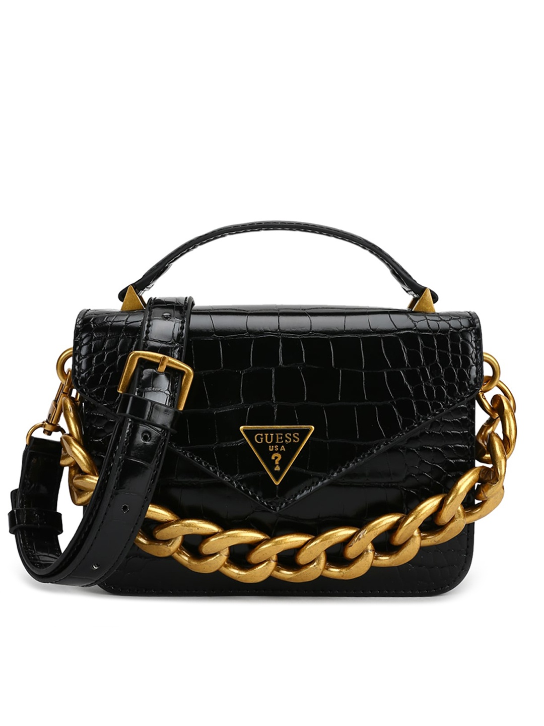 

GUESS Black Animal Textured PU Structured Satchel Bag