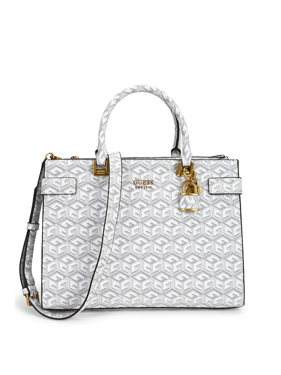

GUESS White Geometric Printed PU Structured Handheld Bag