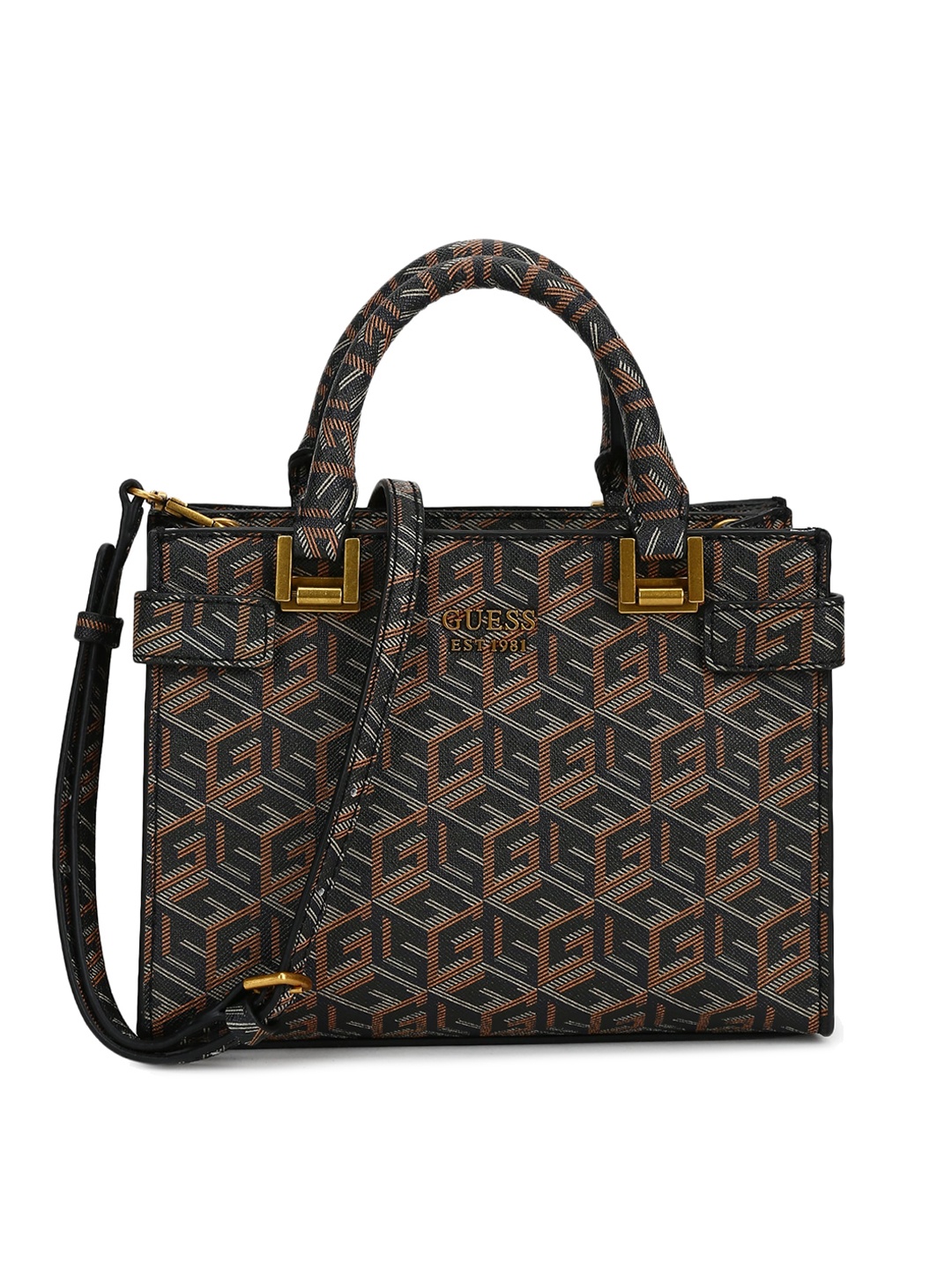 

GUESS Black Geometric Printed PU Structured Handheld Bag