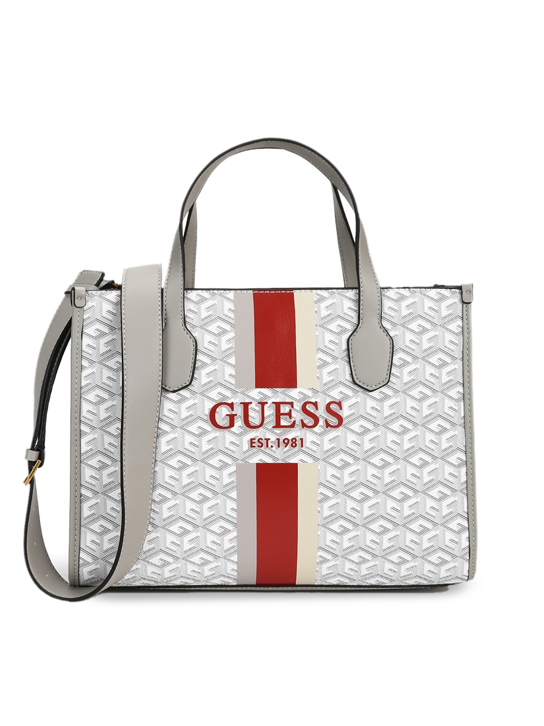 

GUESS Women White Geometric Printed PU Structured Handheld Bag