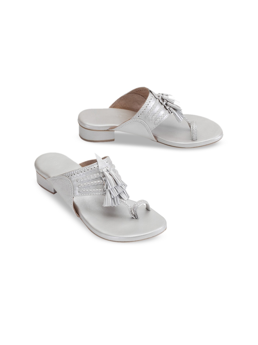 

BLUE BAKSA Silver-Toned Tassels Leather One-Toe Block Heels