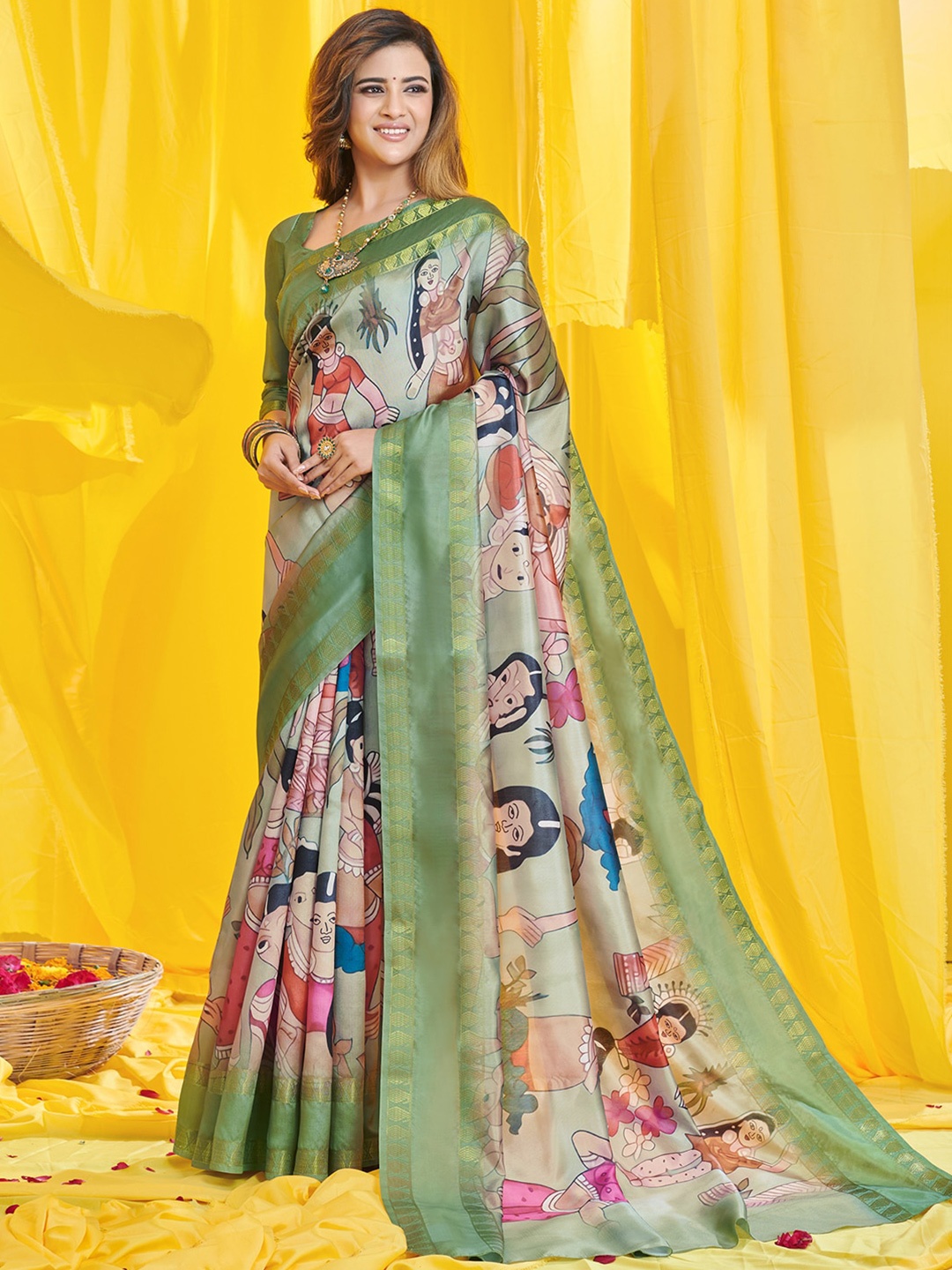 

Saree mall Green & Gold-Toned Warli Zari Art Silk Kasavu Sarees
