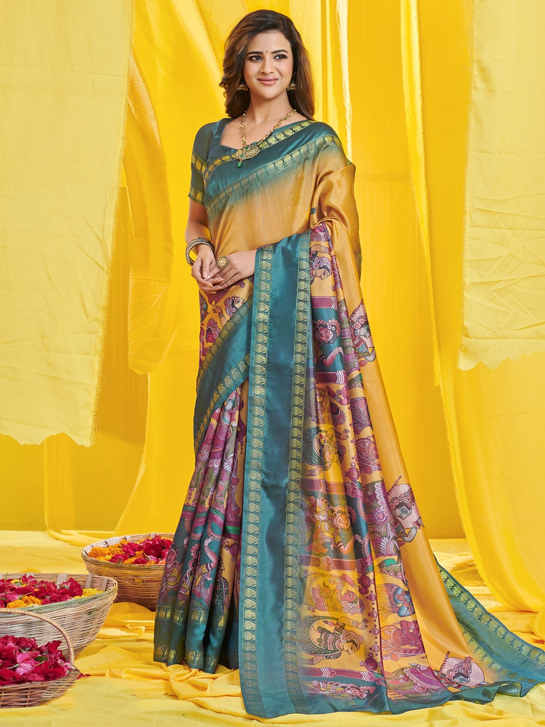 

Saree mall Mustard & Gold-Toned Kalamkari Zari Art Silk Kasavu Sarees