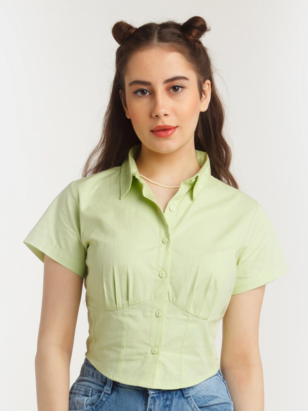 

zink Z Women Green Cotton Slim Fit Casual Shirt