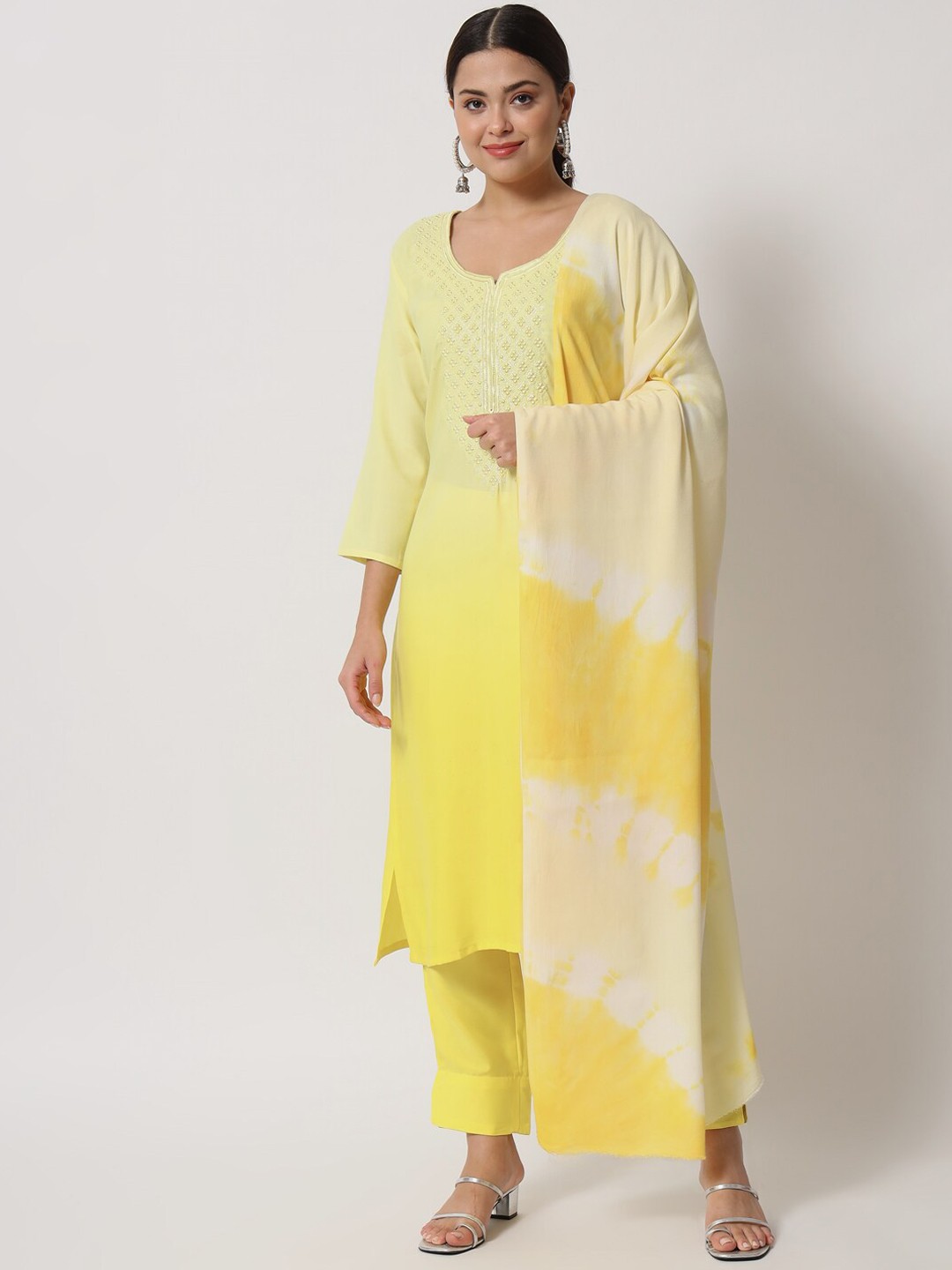 

VAANI CREATION Yellow Floral Embroidered Kurta with Trousers & With Dupatta