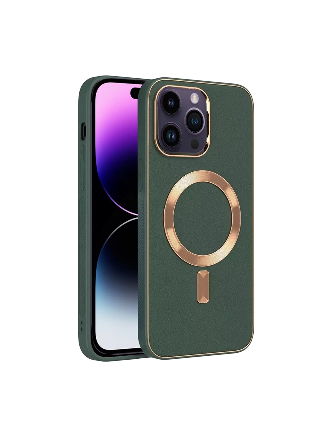 

Karwan Green & Gold-Toned Leather iPhone 14PRO Phone Back Case