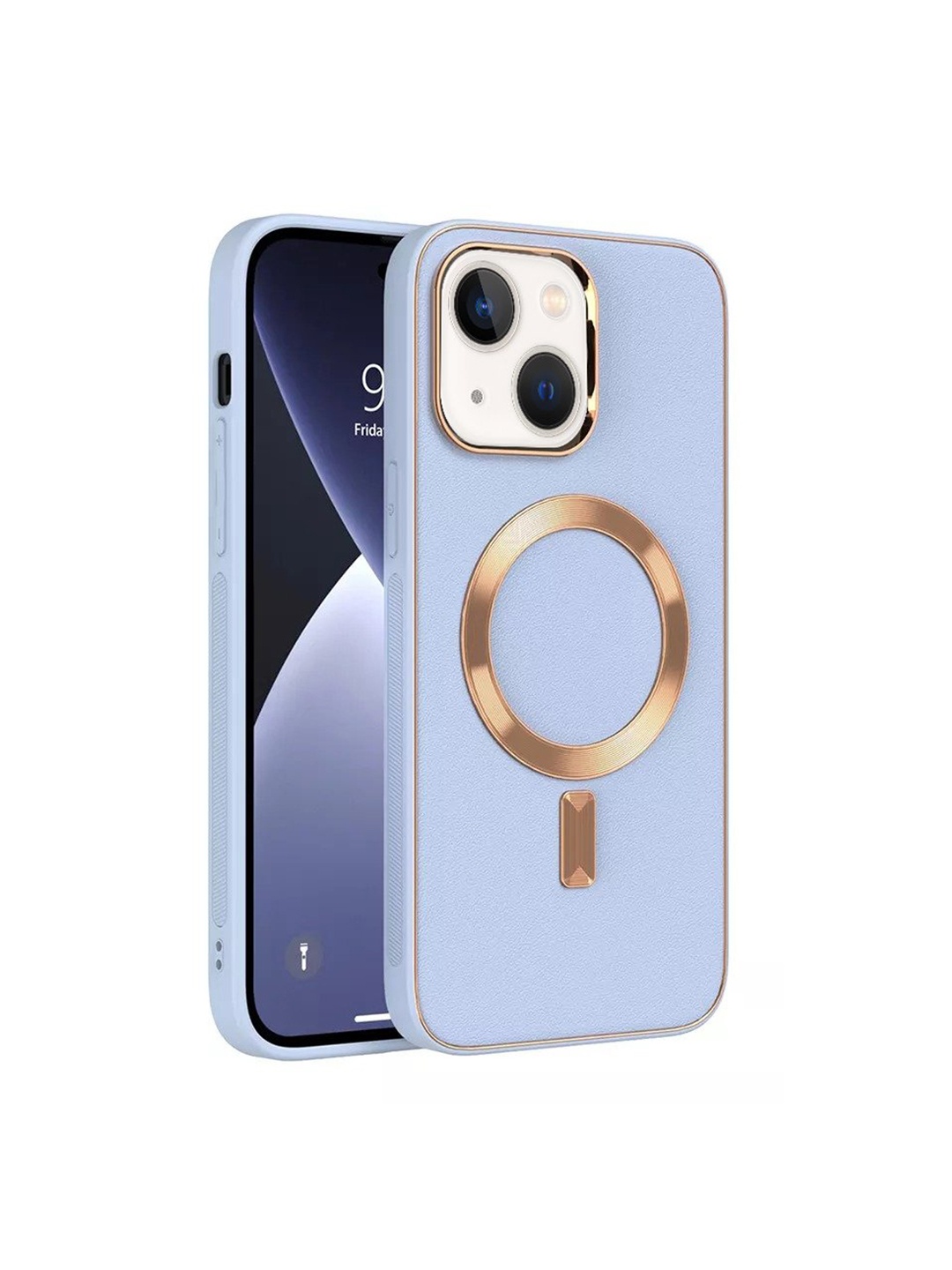 

Karwan Sky Blue & Gold-Toned Leather iPhone 14 Pro Phone Back Case