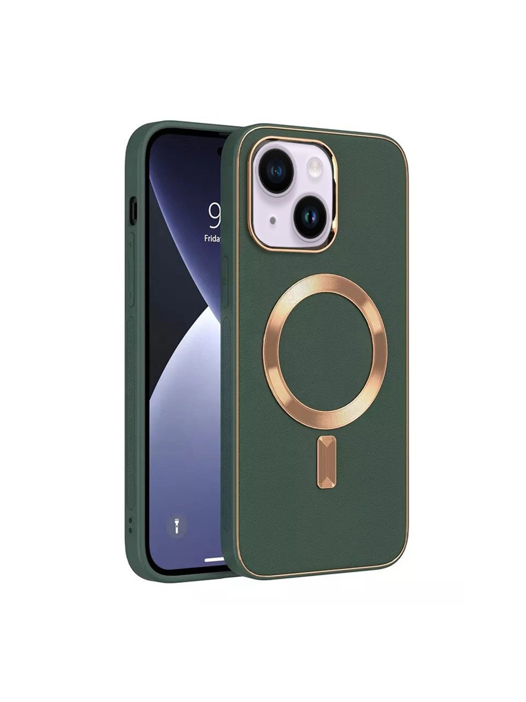 

Karwan Green & Gold-Color Apple iPhone 14 Leather Back Case Cover