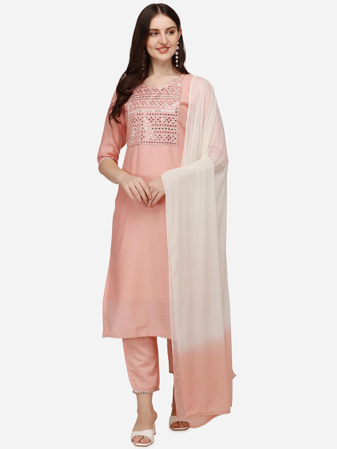 

Berrylicious Women Peach Mirror Work Chanderi Cotton Kurta with Trousers & Dupatta