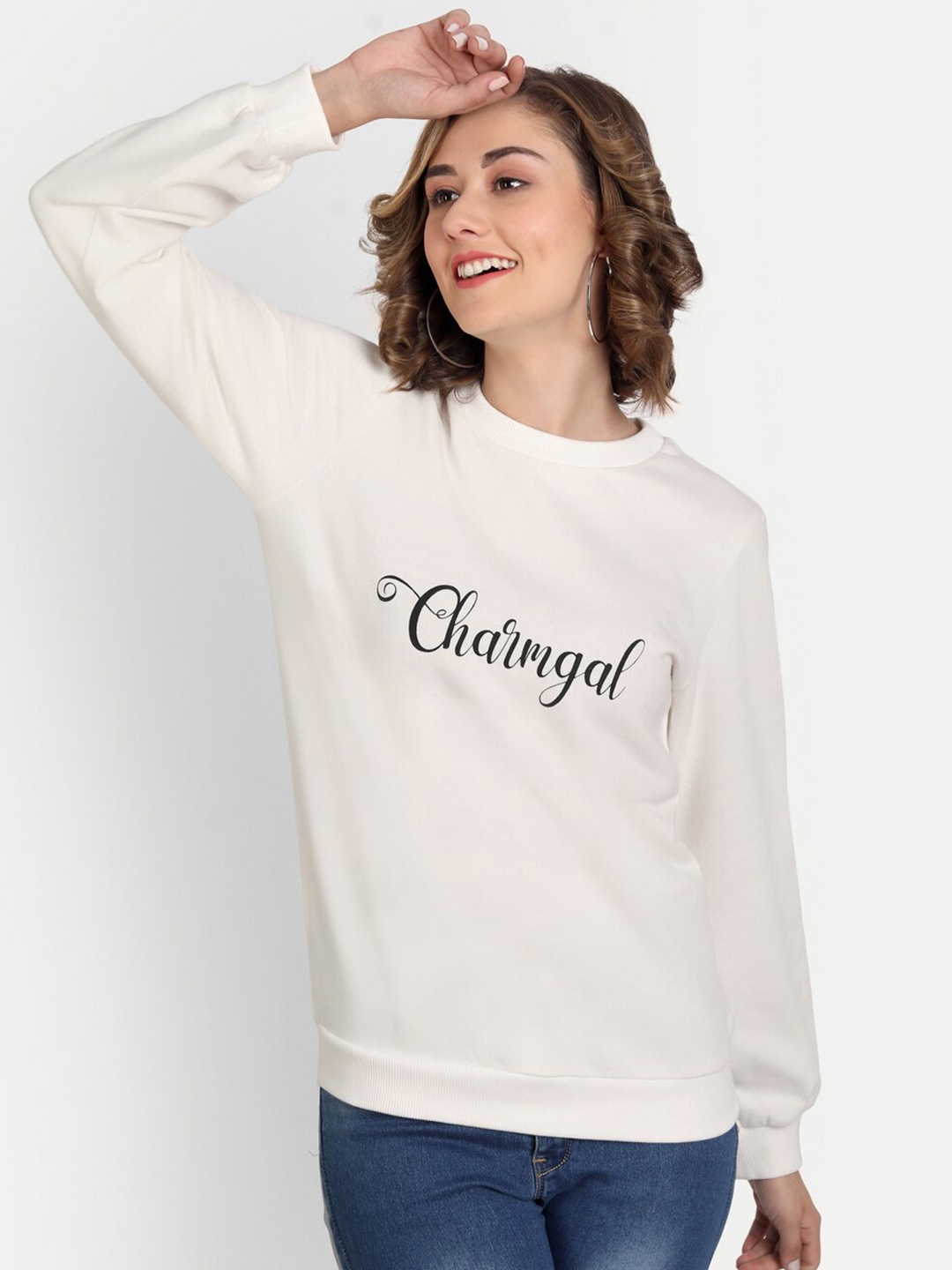 

CHARMGAL Women White Printed Sweatshirt